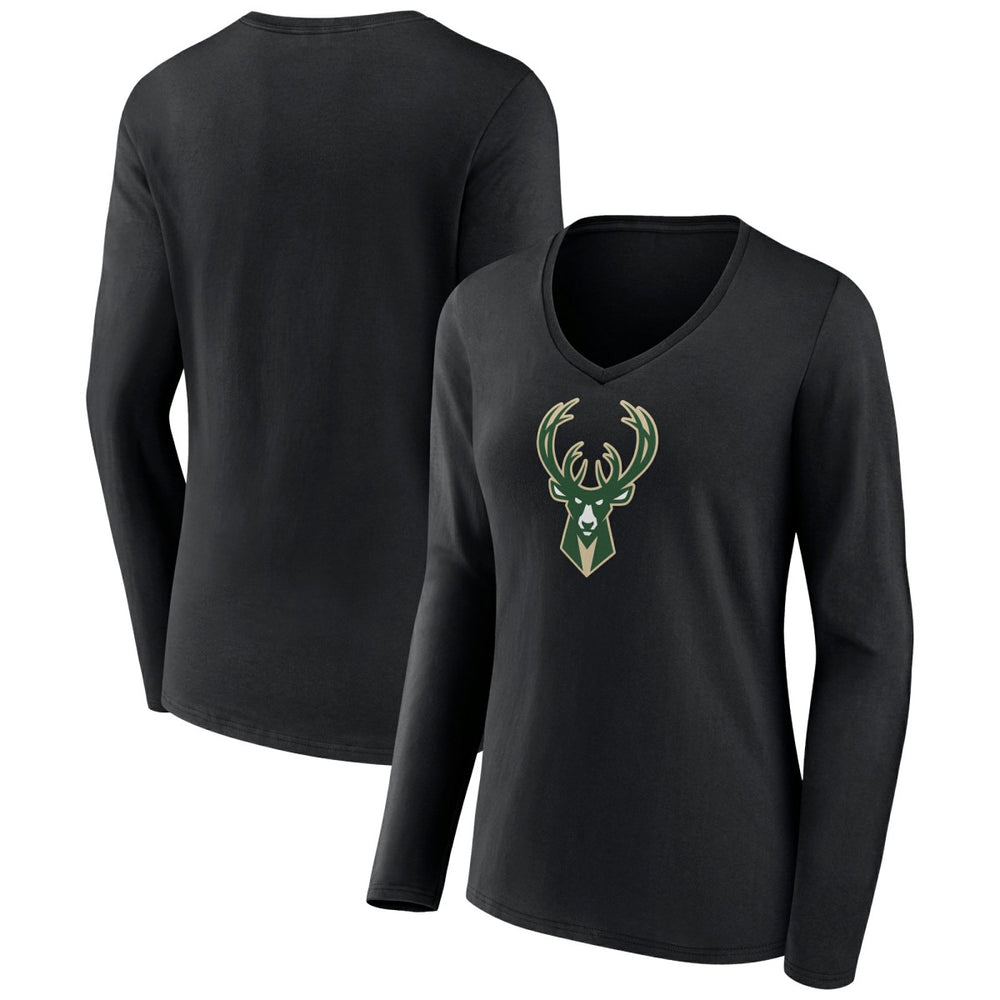 NBA - Milwaukee Bucks Women's Logo Long Sleeve V-Neck T-Shirt - Black