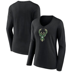 NBA - Milwaukee Bucks Women's Logo Long Sleeve V-Neck T-Shirt - Black