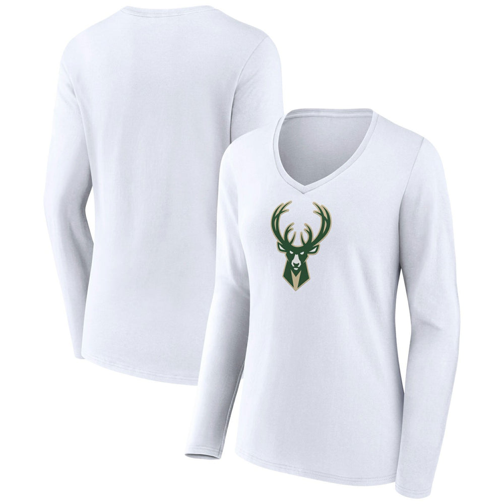 NBA - Milwaukee Bucks Women's Logo Long Sleeve V-Neck T-Shirt - White