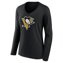 Pittsburgh Penguins Women's Team Logo Long Sleeve V-Neck T-Shirt Black