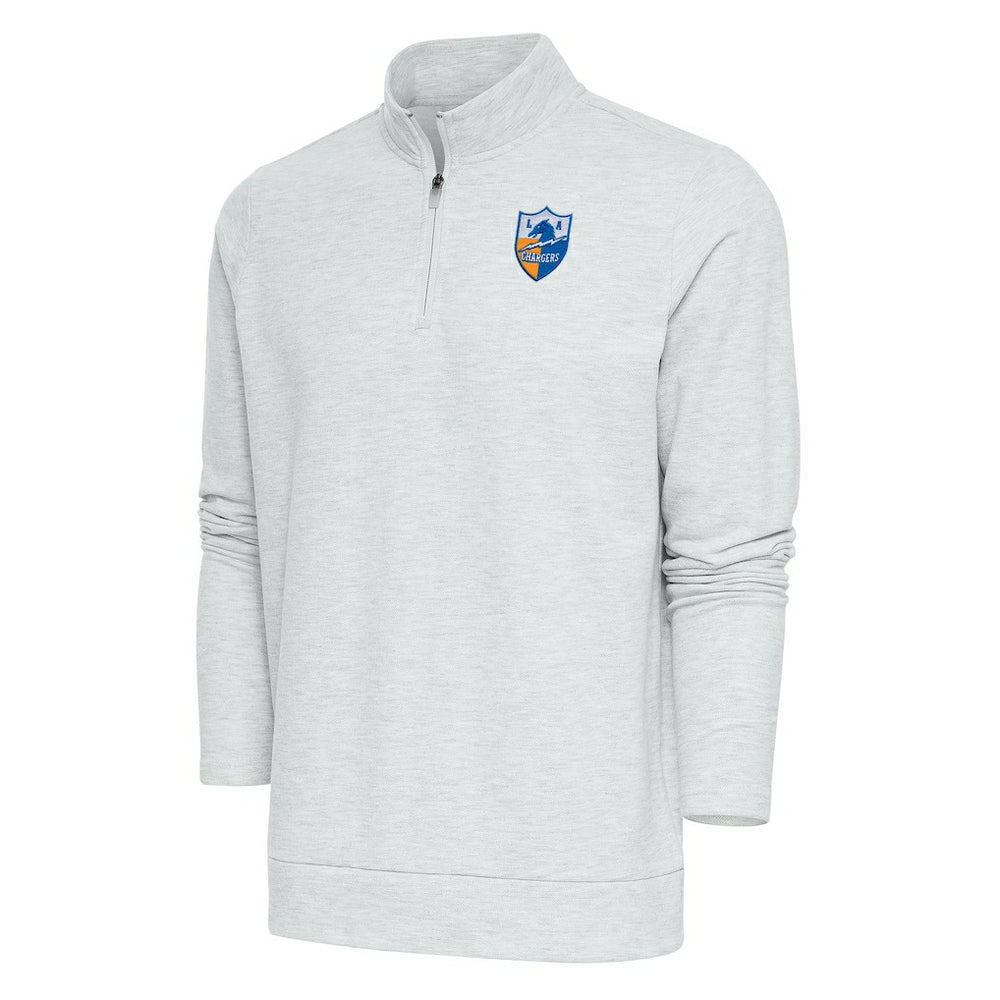 Los Angeles Chargers Antigua Team Logo Throwback Gambit Quarter-Zip Pullover Top Heather Gray - NFL