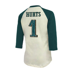 Jalen Hurts Philadelphia Eagles Majestic Threads Women's Player Raglan Name & Number Fitted 3/4-Sleeve T-Shirt Cream/Green - NFL