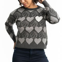 NBA - Brooklyn Nets Lusso Women's Basketball Love Swarovski Crystal Intarsia Pullover Sweater - Charcoal
