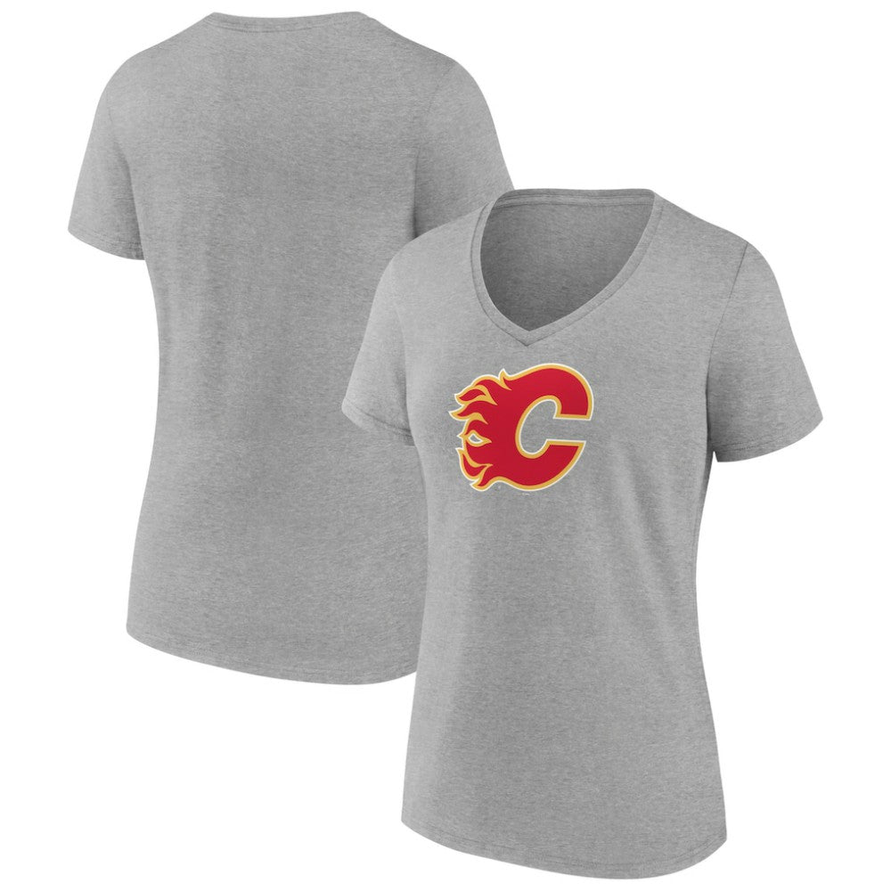 Calgary Flames - Women's Primary Logo Team V-Neck T-Shirt Heather Gray
