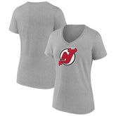 New Jersey Devils - Women's Primary Logo Team V-Neck T-Shirt Heather Gray