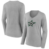 Dallas Stars - Women's Primary Logo Team Long Sleeve V-Neck T-Shirt Heather Gray