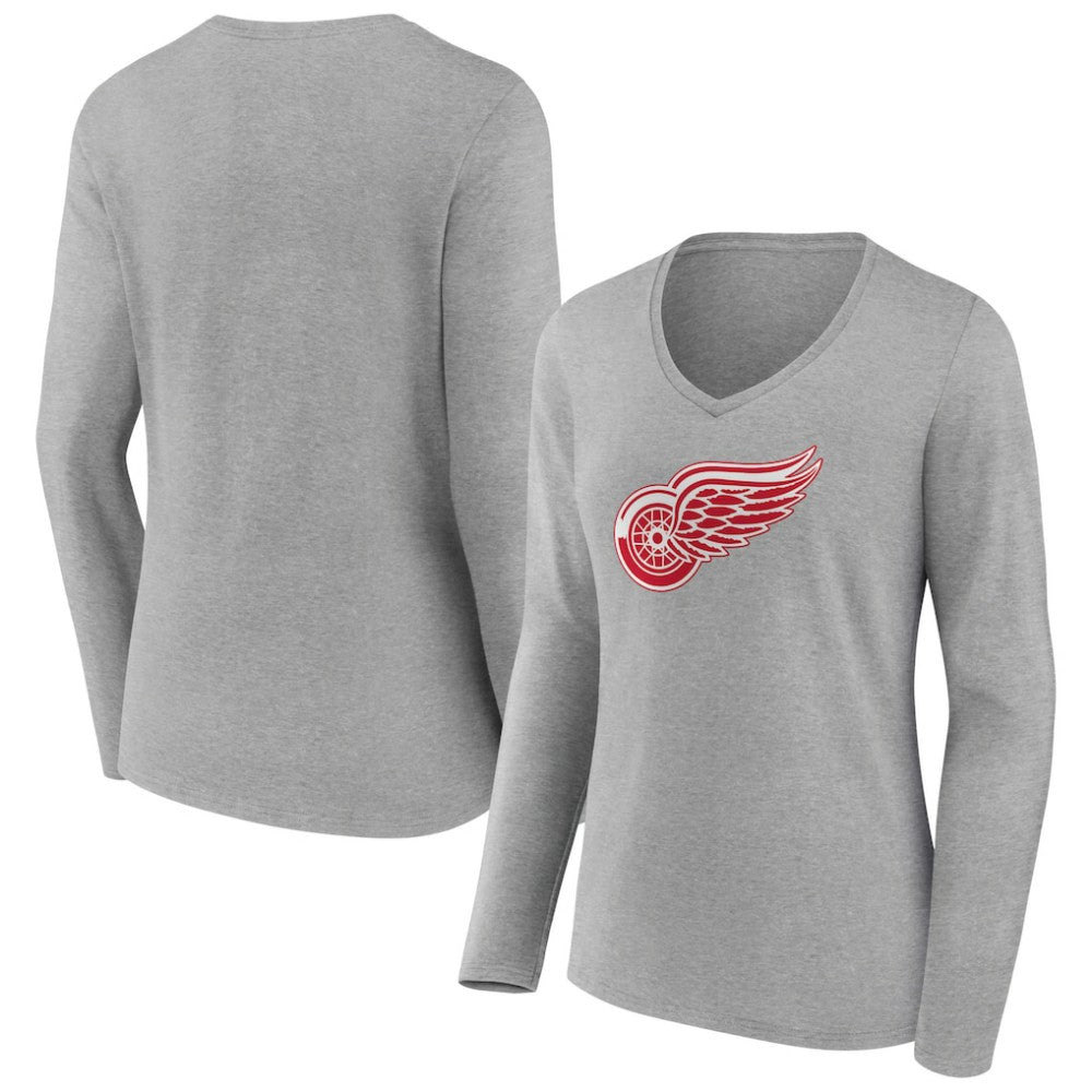 Detroit Red Wings - Women's Primary Logo Team Long Sleeve V-Neck T-Shirt Heather Gray