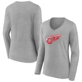 Detroit Red Wings - Women's Primary Logo Team Long Sleeve V-Neck T-Shirt Heather Gray