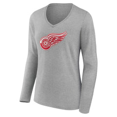 Detroit Red Wings - Women's Primary Logo Team Long Sleeve V-Neck T-Shirt Heather Gray
