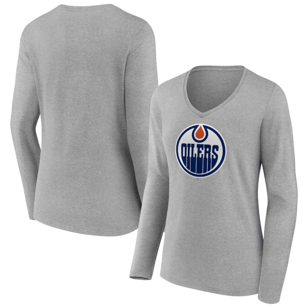 Edmonton Oilers - Women's Primary Logo Team Long Sleeve V-Neck T-Shirt Heather Gray