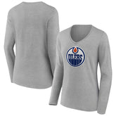 Edmonton Oilers - Women's Primary Logo Team Long Sleeve V-Neck T-Shirt Heather Gray