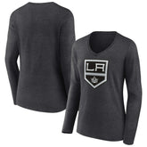 Los Angeles Kings - Women's Primary Team Logo Long Sleeve V-Neck T-Shirt Heather Charcoal