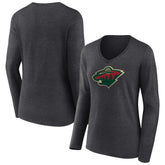 Minnesota Wild - Women's Primary Team Logo Long Sleeve V-Neck T-Shirt Heather Charcoal