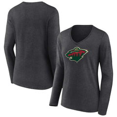 Minnesota Wild - Women's Primary Team Logo Long Sleeve V-Neck T-Shirt Heather Charcoal