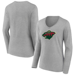 Minnesota Wild - Women's Primary Logo Team Long Sleeve V-Neck T-Shirt Heather Gray