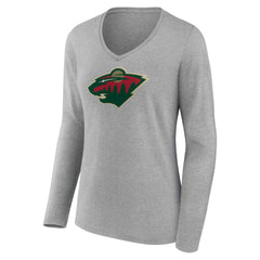 Minnesota Wild - Women's Primary Logo Team Long Sleeve V-Neck T-Shirt Heather Gray