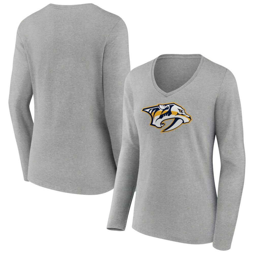Nashville Predators - Women's Primary Logo Team Long Sleeve V-Neck T-Shirt Heather Gray