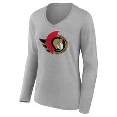 Ottawa Senators - Women's Primary Logo Team Long Sleeve V-Neck T-Shirt Heather Gray