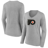Philadelphia Flyers - Women's Primary Logo Team Long Sleeve V-Neck T-Shirt Heather Gray