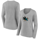 San Jose Sharks - Women's Primary Logo Team Long Sleeve V-Neck T-Shirt Heather Gray