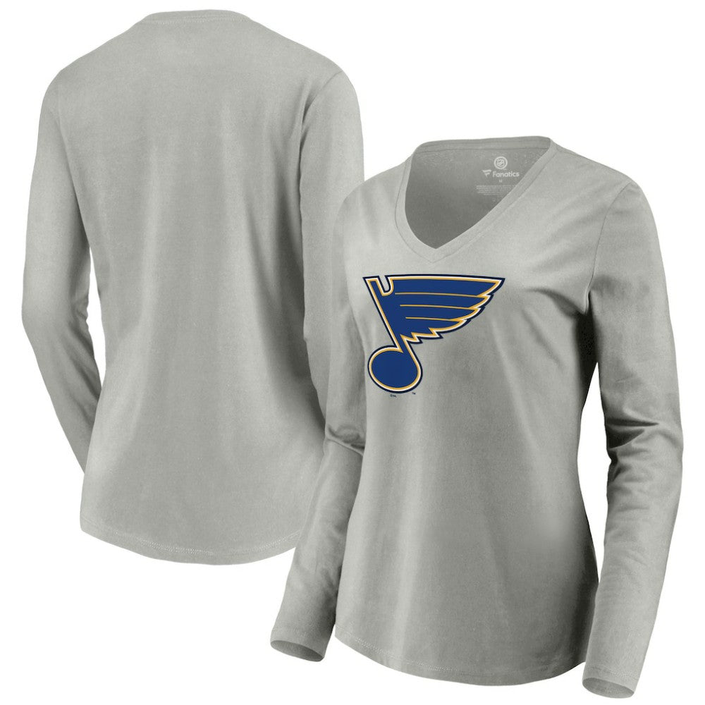 St. Louis Blues - Women's Primary Logo Team Long Sleeve V-Neck T-Shirt Heather Gray