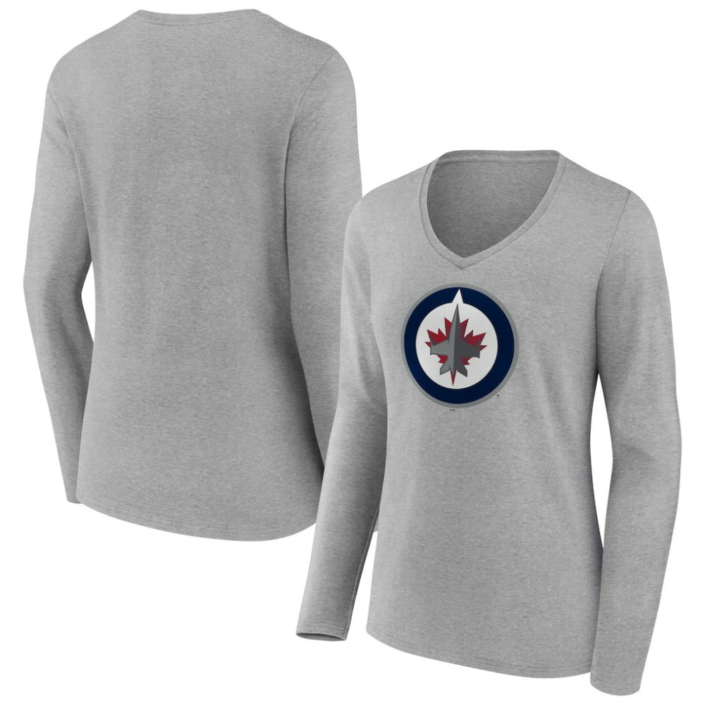 Winnipeg Jets - Women's Primary Logo Team Long Sleeve V-Neck T-Shirt Heather Gray