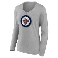 Winnipeg Jets - Women's Primary Logo Team Long Sleeve V-Neck T-Shirt Heather Gray