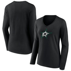 Dallas Stars - Women's Primary Team Logo Long Sleeve V-Neck T-Shirt Black