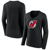 New Jersey Devils - Women's Primary Team Logo Long Sleeve V-Neck T-Shirt Black
