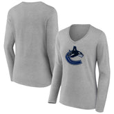 Vancouver Canucks - Women's Primary Logo Team Long Sleeve V-Neck T-Shirt Heather Gray