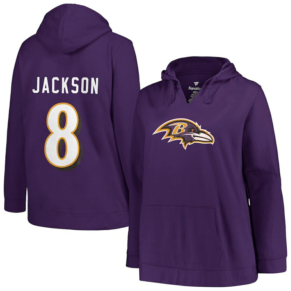 Lamar Jackson Baltimore Ravens Profile Women's Plus Size Player Name & Number Pullover Hoodie Purple - NFL