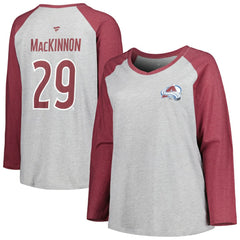 Nathan MacKinnon Colorado Avalanche - Fanatics Women's Plus Size Name & Number Raglan Long Sleeve T-Shirt Heather Gray/Heather Burgundy