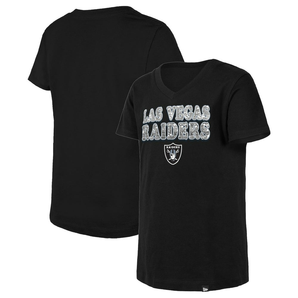 Las Vegas Raiders New Era Girls Youth Reverse Sequin V-Neck T-Shirt Black - NFL