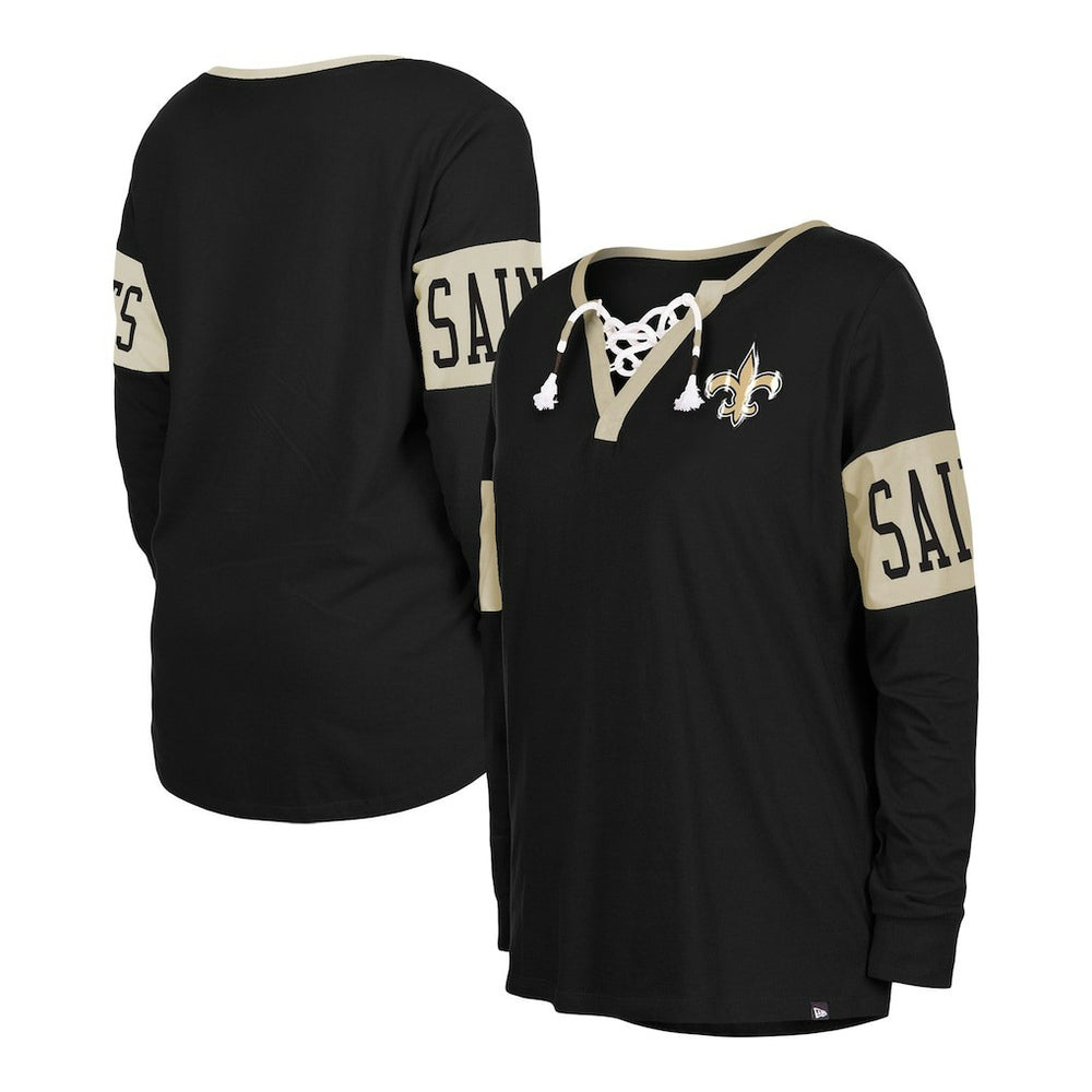 New Orleans Saints New Era Women's Lace-Up Notch Neck Long Sleeve T-Shirt Black - NFL