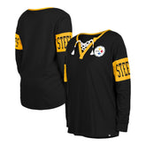 Pittsburgh Steelers New Era Women's Lace-Up Notch Neck Long Sleeve T-Shirt Black - NFL