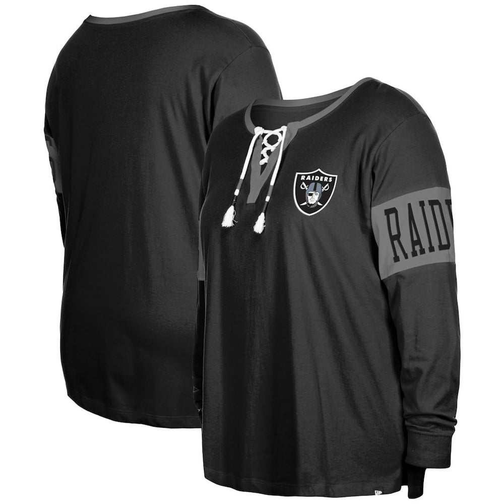 Las Vegas Raiders New Era Women's Plus Size Lace-Up Notch Neck Long Sleeve T-Shirt Black - NFL