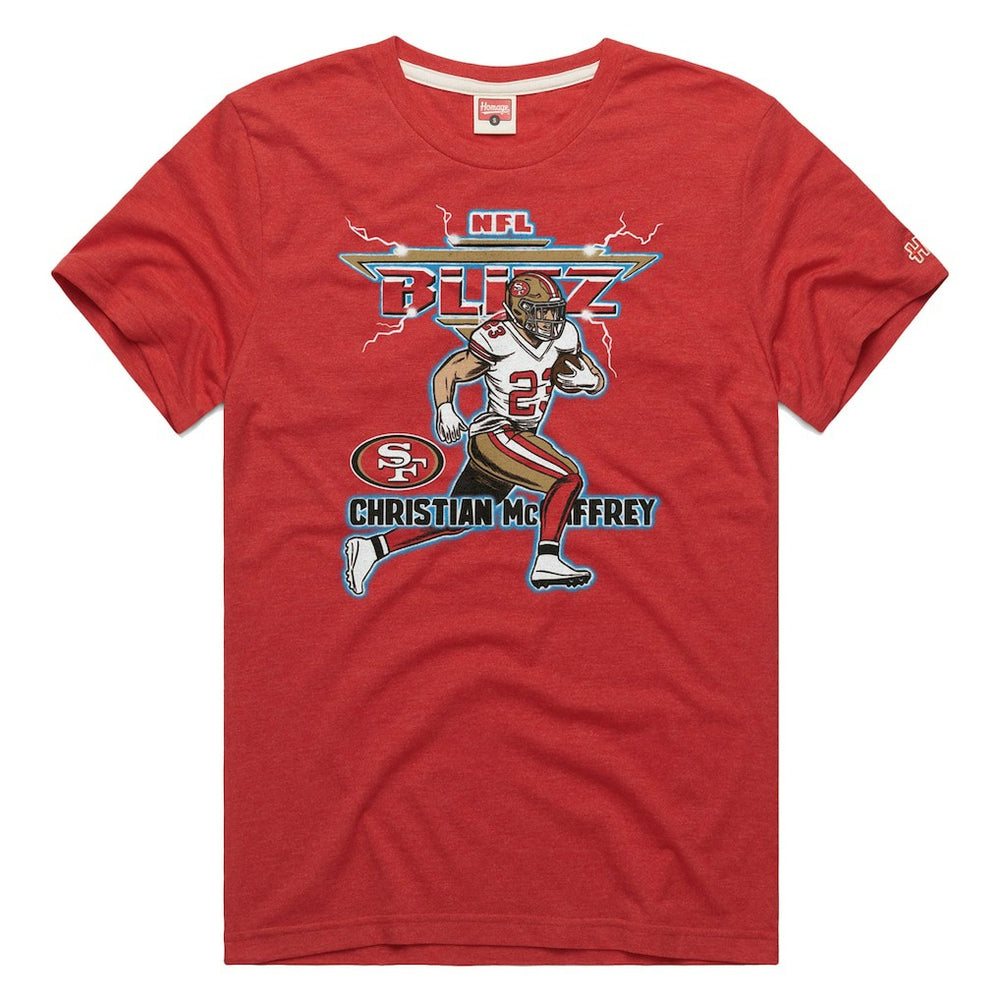 Christian McCaffrey San Francisco 49ers Homage Unisex NFL Blitz Player Tri-Blend T-Shirt Heathered Scarlet - NFL