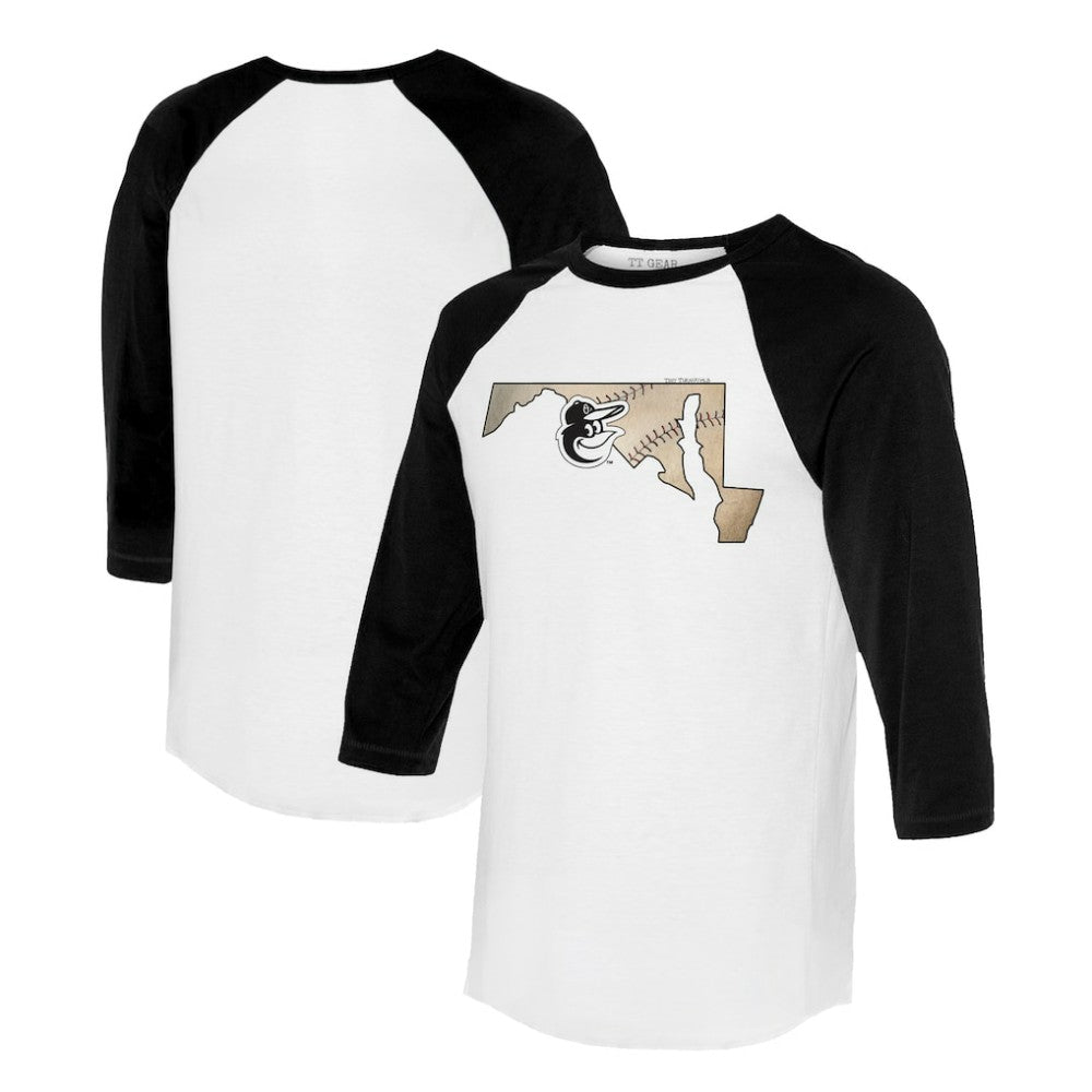 Baltimore Orioles Tiny Turnip Unisex State Outline 3/4-Sleeve Raglan T-Shirt Lifestyle