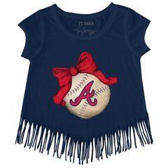 Atlanta Braves Tiny Turnip Girls Youth Baseball Bow Fringe T-Shirt Clearance