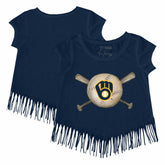 Milwaukee Brewers Tiny Turnip Girls Youth Baseball Cross Bats Fringe T-Shirt for sale