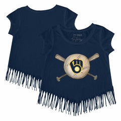 Milwaukee Brewers Tiny Turnip Girls Youth Baseball Cross Bats Fringe T-Shirt for sale