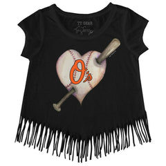Baltimore Orioles Tiny Turnip Girls Youth Heart Bat Fringe T-Shirt Lifestyle
