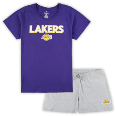 Fanatics - Los Angeles Lakers Women's Plus Size T-Shirt & Shorts Combo Set - Purple/Heather Gray
