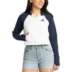 Atlanta Braves Lusso Women's Jane Raglan Quarter-Zip Tri-Blend Cropped Pullover Hoodie Clearance