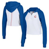 Chicago Cubs Lusso Women's Jane Raglan Quarter-Zip Tri-Blend Cropped Pullover Hoodie On Sale