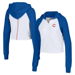 Chicago Cubs Lusso Women's Jane Raglan Quarter-Zip Tri-Blend Cropped Pullover Hoodie On Sale
