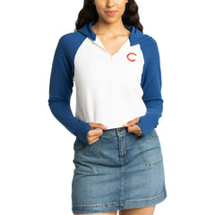 Chicago Cubs Lusso Women's Jane Raglan Quarter-Zip Tri-Blend Cropped Pullover Hoodie On Sale