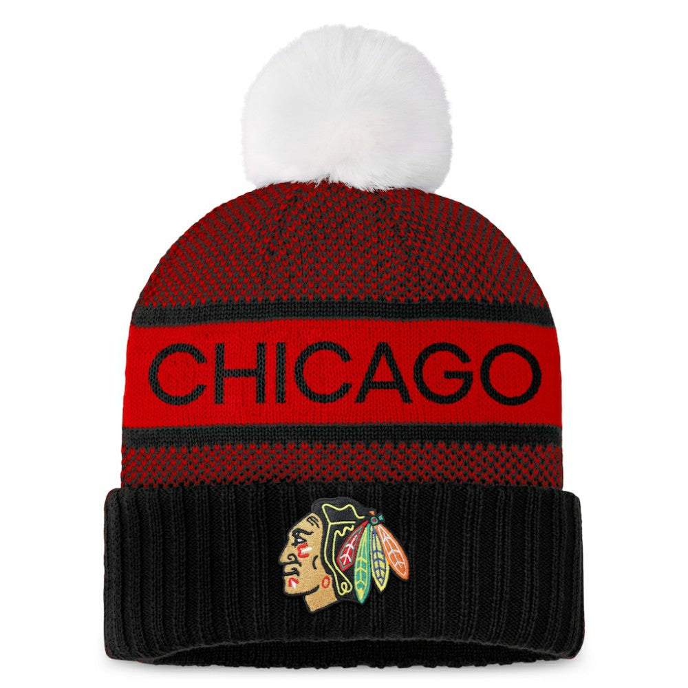 Chicago Blackhawks Fanatics Women's Authentic Pro Rink Cuffed Knit Hat with Pom Black/Red