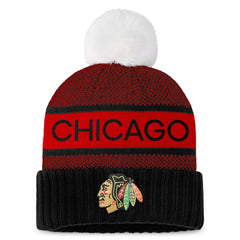 Chicago Blackhawks Fanatics Women's Authentic Pro Rink Cuffed Knit Hat with Pom Black/Red