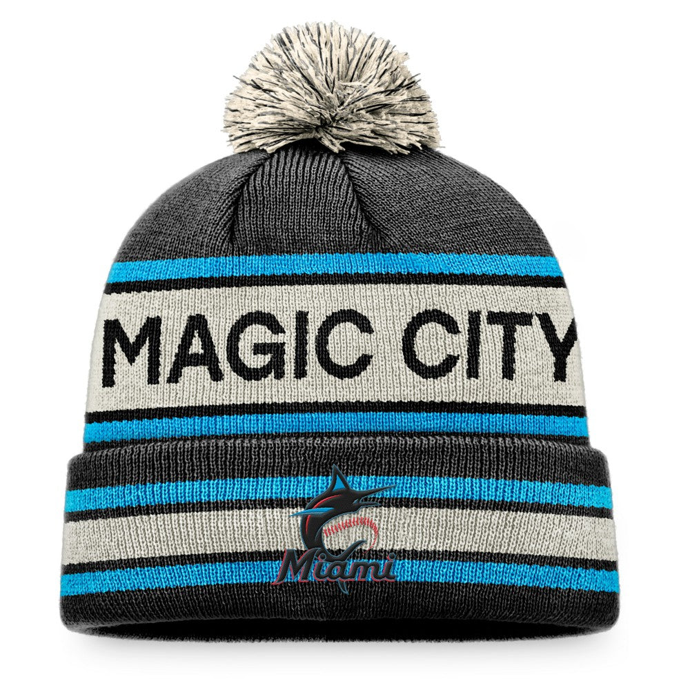 Miami Marlins Fanatics Hometown Slogan Cuffed Knit Hat with Pom On Sale